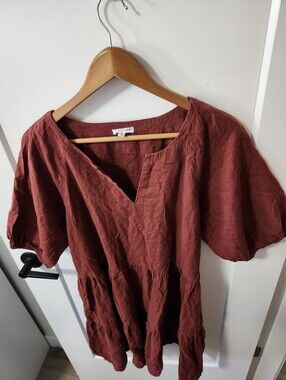 Signature Rust Linen Puff Sleeve Tiered Dress